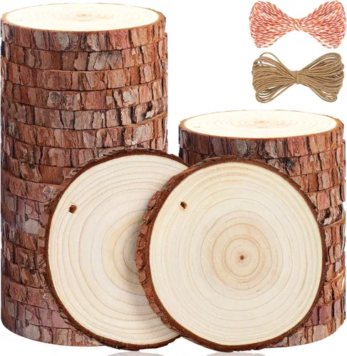 Vista 9 de 5ARTH Rebanadas de madera natural, 30 piezas de 2.7 a 3.1 pulgadas, kit de madera sin terminar preperforado con agujero, círculos de madera