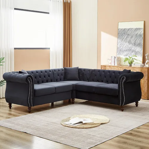 Vista 19 de Juego de Sofá Combinado de Terciopelo Chesterfield de 2 Piezas para Sala de Estar, Sofá de 3 Plazas y Loveseat con Tapizado Capitoné con 4 Beige
