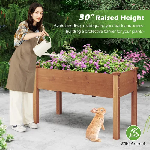 Vista 7 de Giantex Cama de jardín elevada, maceta elevada de madera con forro protector y orificio de drenaje, maceta elevada para plantar verduras, flores