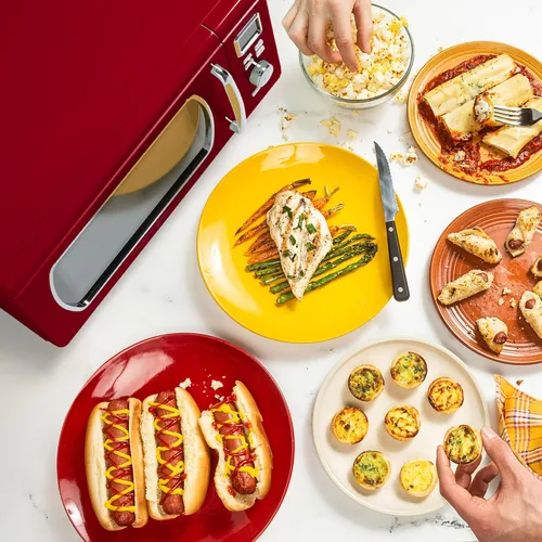 Vista 4 de Nostalgia Mid-Century Retro - Horno de microondas para encimera, grande 900 vatios, 0.9 pies cúbicos, 8 ajustes de cocción preprogramados, reloj