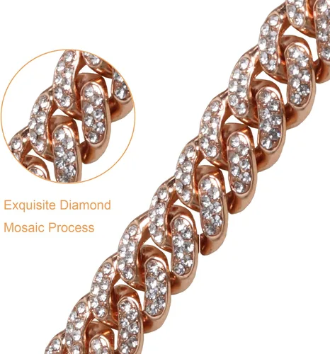 Vista 2 de Collar de metal con cadena de oro rosa para perro, 0.394 pulgadas de ancho, collar de aleación de diamante cubano, lindo collar de moda