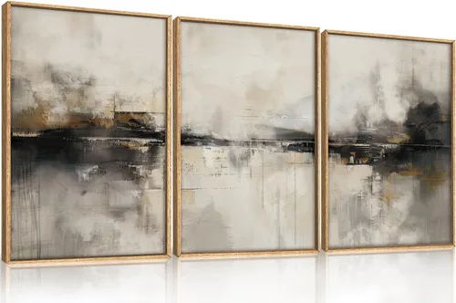 HOURIA Juego de Arte de Pared en Lienzo Enmarcado Abstracto Grande Neutro Beige y Negro, Decoración de Pared Moderna Minimalista Marrón,