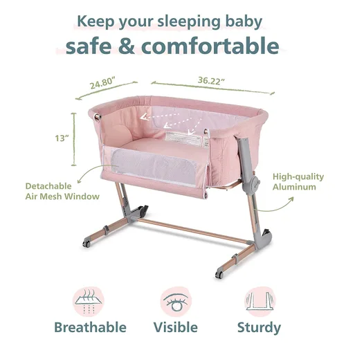 Vista 6 de Cuna Unilove Hugme Plus, cama de noche y cuna lateral, incluye bolsa de viaje y colchón, para bebé, Rosado ciruela