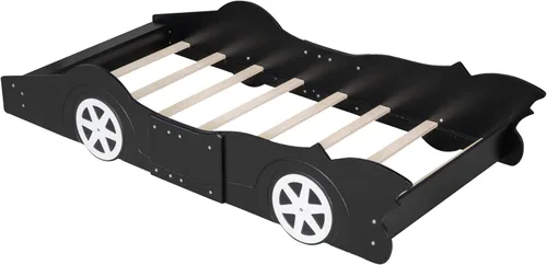 Vista 8 de Cama de plataforma en forma de auto de carreras con ruedas, cama de plataforma de madera tamaño individual con barandilla, cama de plataforma