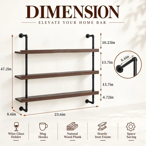 Vista 2 de Estante de vino montado en la pared de 23.6 pulgadas con luz LED de madera maciza