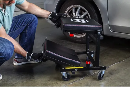 Vista 6 de Powerbuilt, asiento rodante convertible 2 en 1, se convierte de asiento rodante alto a bajo, conversión rápida y sin herramientas, para garaje