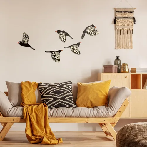 Vista 3 de Barydat 5 piezas de arte de pared de madera con pájaros voladores, decoración de pared de pájaros voladores, arte popular rústico, decoración