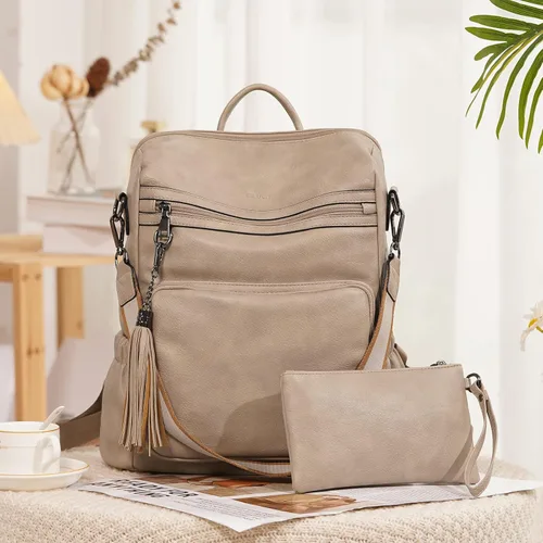 Vista 2 de CLUCI - Morral para mujer, diseño de cuero, para viajes, bolso grande de hombro con borla