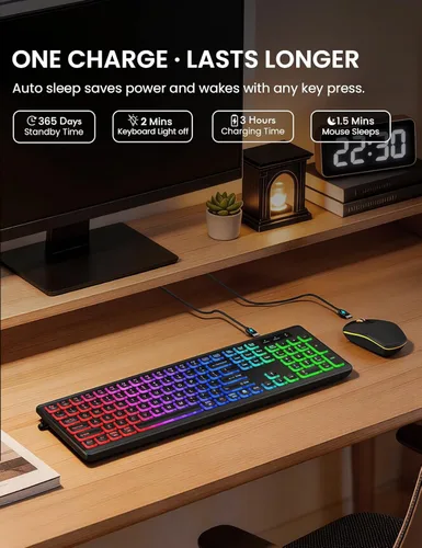 Vista 4 de Combo de teclado y mouse inalámbricos con retroiluminación RGB, recargable y letras iluminadas, tamaño completo, tecleo suave, modo de reposo