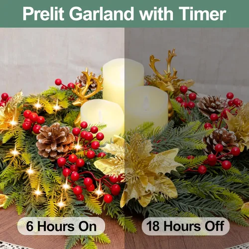 Vista 4 de Guirnalda de Navidad de 6.5 pies con luces de estrella, decoraciones de Navidad preiluminadas, guirnalda iluminada con pilas, flor dorada más densa