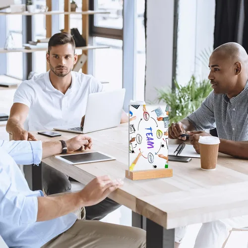 Vista 7 de Maitys Paquete de 10 soportes acrílicos de 4 x 6.5 pulgadas, transparente, de doble cara, con base de madera, soporte de exhibición de menú