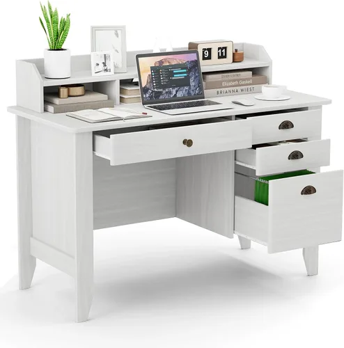 Vista 9 de Escritorio para computadora de 48 pulgadas con 4 cajones de almacenamiento y mesa ejecutiva de madera para PC y portátil Marrón
