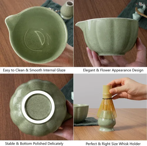 Vista 6 de Juego de Batidor de Matcha, Kit de Matcha Japonés de 7 Piezas que Incluye Tazón de Matcha con Pico, Batidor de Bambú, Soporte Chasen, Tamiz de Acero