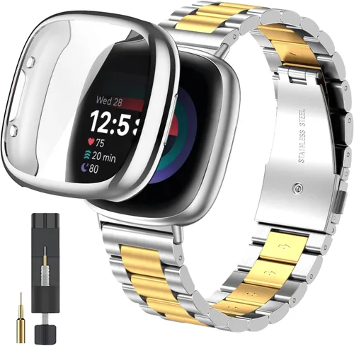 Vista 11 de ZPJPPLX para Fitbit Versa 4/Sense 2, Correa de Muñeca de Acero Inoxidable Sólido con Funda de Reloj, para Versa 3/Sense Correas de Repuesto de Metal