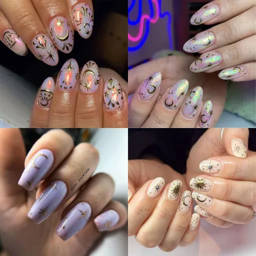 Vista 4 de 6 hojas de calcomanías de uñas de estrellas doradas 3D autoadhesivas plateadas, calcomanías de uñas degradadas de corazón y luna, calcomanías