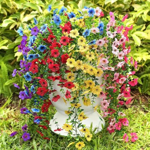 Vista 19 de Flores artificiales para exteriores, flores artificiales colgantes para decoración de otoño, 6 piezas resistentes a los rayos UV, flores de seda
