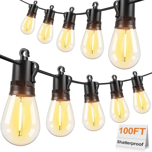 Vista 9 de Brightever Guirnalda de luces para exteriores de 25 pies impermeable, luces LED para patio con 8+1 bombillas Edison S14 inastillables, luces