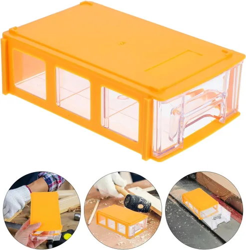 Vista 9 de Caja organizadora de cajones de escritorio modular apilable con múltiples contenedores de almacenamiento de plástico amarillo compacto