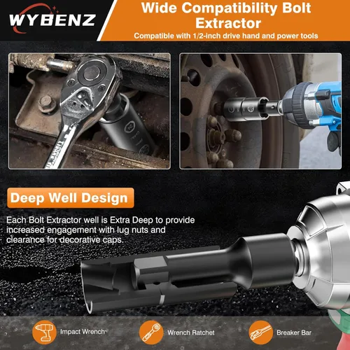 Vista 4 de Juego de extractor de tuercas de llanta abatible 2 en 1, 9 herramientas de extracción de tuercas de llanta, kit de extracción de bloqueo de rueda