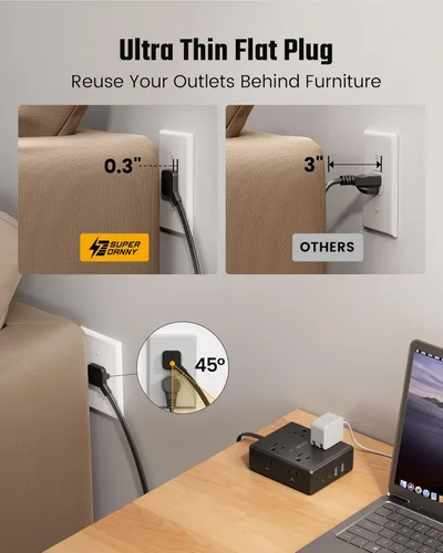 Vista 12 de Cable de extensión de 10 pies con múltiples tomas, tira de alimentación con protector de sobretensiones de enchufe plano, cable de 10 pies de largo