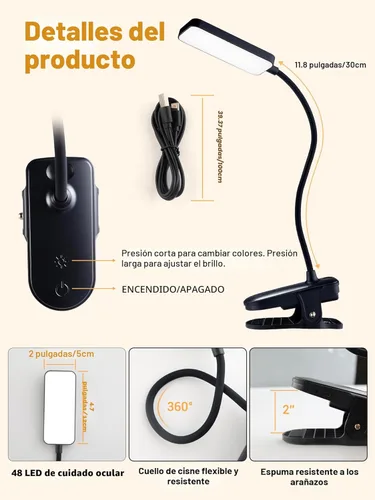 Vista 8 de Luz con clip, 9 niveles de brillo + 5 colores, lámpara de escritorio recargable, luces con batería de 4000mAh, lámpara de escritorio LED de 450