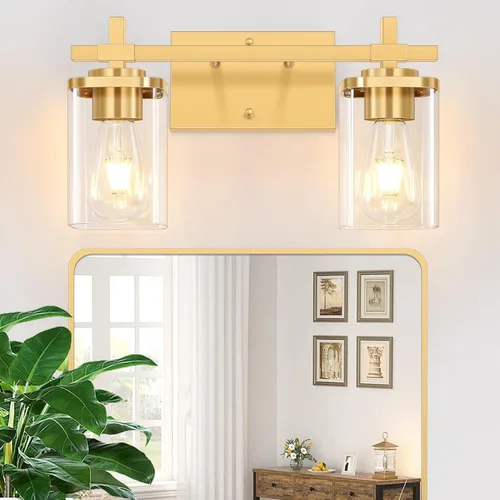 Vista 16 de 2 luces de tocador de baño, accesorios de luz de tocador negro mate sobre espejo, apliques de pared modernos con pantalla de vidrio transparente