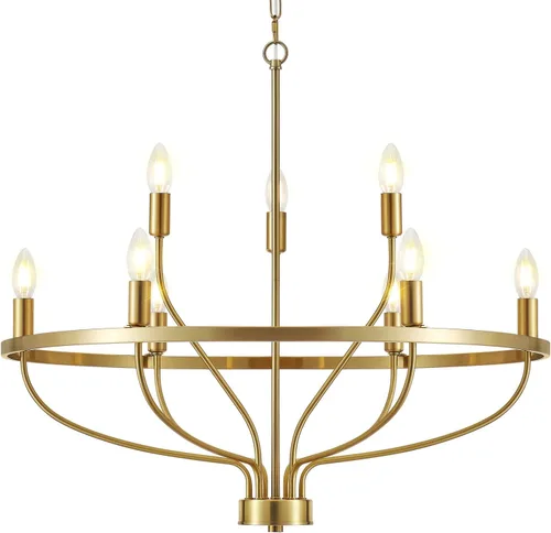 Vista 9 de Candelabro moderno dorado vintage con 9 luces de mediados de siglo, estilo moderno, estilo vela, lámpara rústica industrial dorada para comedor