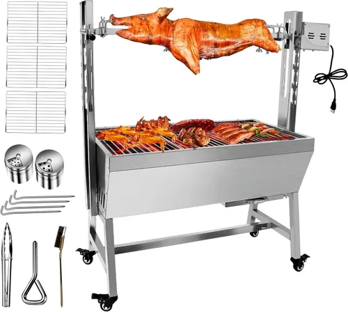Asador de acero inoxidable, motor de 25 W, asador de cordero de cerdo pequeño, parrilla de carbón de 37 pulgadas para acampar al aire libre, cocina