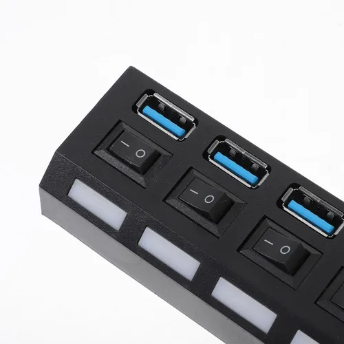 Vista 3 de VILLCASE USB 3.0 4-Port Hub with Independent Power Switches, High-Speed Data Transfer Concentrator for Laptops and Pcs, Black US Plug, USB Hub for