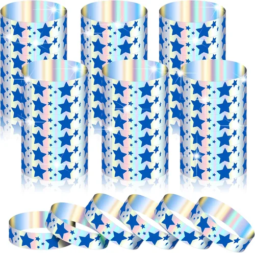 Vista 9 de Glenmal 500 pulseras para eventos, pulseras patrióticas de neón con estrellas patrióticas a granel para eventos, de plástico, impermeables, de Rojo