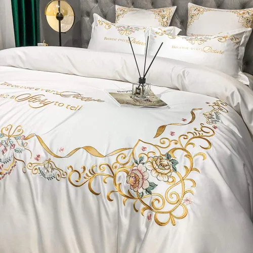 Vista 3 de Juego de ropa de cama brillante y suave satén de seda de algodón bordado dorado, juego de funda de edredón doble, ropa de cama, sábana bajera