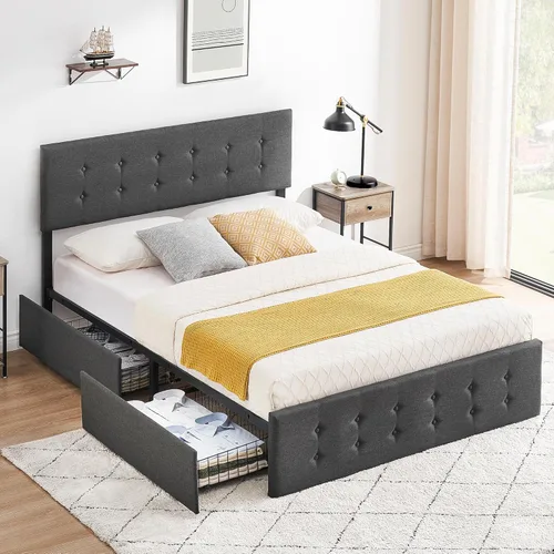 Vista 8 de IDEALHOUSE Base de cama Queen con 4 cajones de almacenamiento, base de cama tapizada de tamaño Queen gris con cabecera y listones de madera,