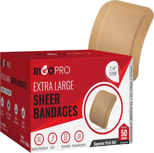 Paquete de 50 bandas extra grandes de 3 x 4 pulgadas, vendajes adhesivos sin látex, vendajes grandes para heridas en codos, rodillas y más, apósitos
