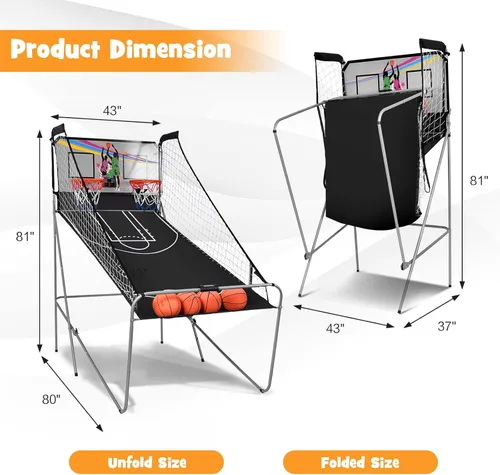 Vista 4 de Goplus Juego de Arcade de Baloncesto Plegable de Doble Tiro, Juego de Aro de Baloncesto con Puntuación Electrónica, 8 Modos de Juego, 4 Pelotas