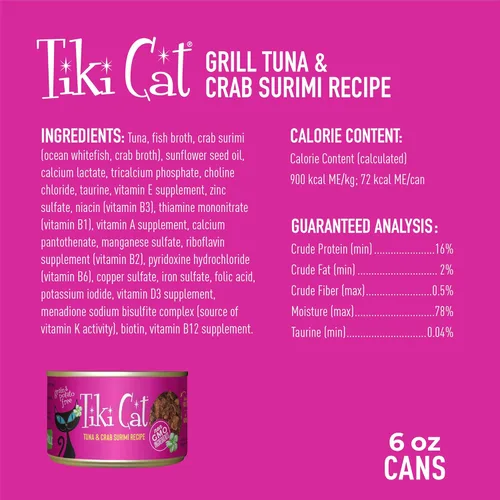 Vista 4 de Tiki Cat - paquete de 8, lata de 6 onzas, atún Lanai Luau en consomé de surimi de cangrejo