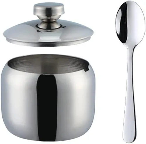 Vista 5 de 123Arts Azucarero de acero inoxidable con tapa y cuchara, contenedor de azúcar para especias de café y sal