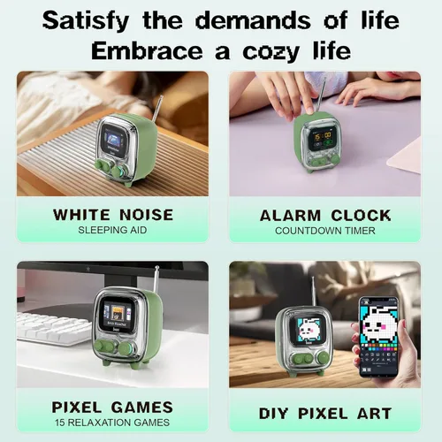 Vista 7 de Divoom Times Gate Pink y Tiivoo-2 Green, Cyberpunk - Reloj digital con control inteligente de aplicación y mini TV altavoz Bluetooth retro, bonita
