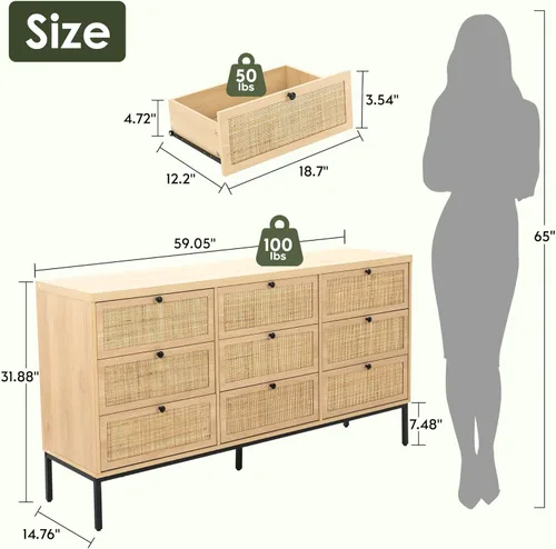 Vista 15 de Yechen Cómoda moderna de 6 cajones de 47.2 pulgadas de ancho con cajones de ratán natural, cómoda de madera industrial para dormitorio con patas