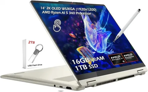 Lenovo Yoga 7 2 en 1 Copilot+ AI PC portátil, 14" 2K OLED Touch (100% DCI-P3), AMD Ryzen AI 5 340 (hasta 50 superiores), 16 GB LPDDR5 1TB SSD,