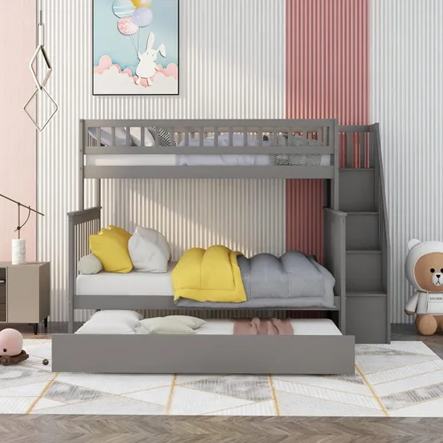 Vista 108 de Harper & Bright Designs Litera de tamaño matrimonial sobre matrimonial con 3 cajones, litera de madera maciza con almacenamiento y riel de Gris