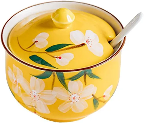 Vista 7 de FUYU Tarro de condimentos de cerámica con flores pintadas a mano con tapa y cuchara, recipiente para azúcar
