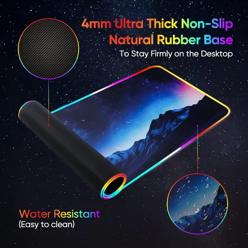 Vista 3 de Alfombrilla de mouse para juegos RGB, Galaxy Space extendida, grande, suave, con 14 modos de iluminación, alfombrilla impermeable para teclado