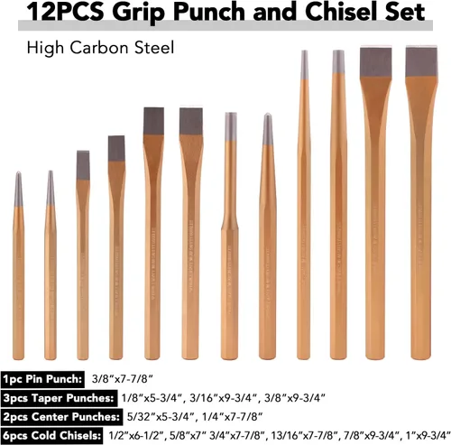 Vista 3 de Juego de 28 piezas de punzón y cincel, cónico, frío, alfiler, punzón central incluido