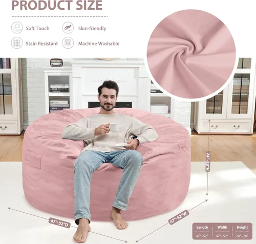 Vista 21 de Puf de 5 pies, puf grande con relleno de espuma viscoelástica, sofá puff esponjoso con funda de terciopelo holandés, puf redondo para sala de estar