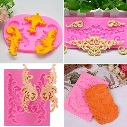 Vista 5 de Rainmae 5 moldes de silicona de estilo barroco para fondant de encaje de voluta, molde de encaje de flores de alivio, molde de filigrana esculpido