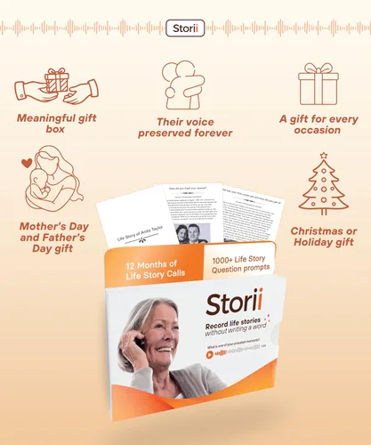 Vista 5 de Storii - Graba tus memorias: Caja de regalo - 12 meses de servicio telefónico de historia de vida - Transcripción automática - Diario de voz guiado