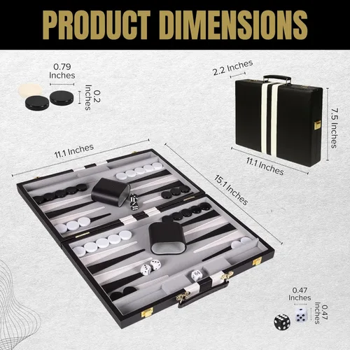 Vista 4 de Juego de Backgammon Premium de 11 Pulgadas Pequeño Negro - Juego de Backgammon para Adultos y Niños - Juego de Mesa de Backgammon de Efecto Cuero
