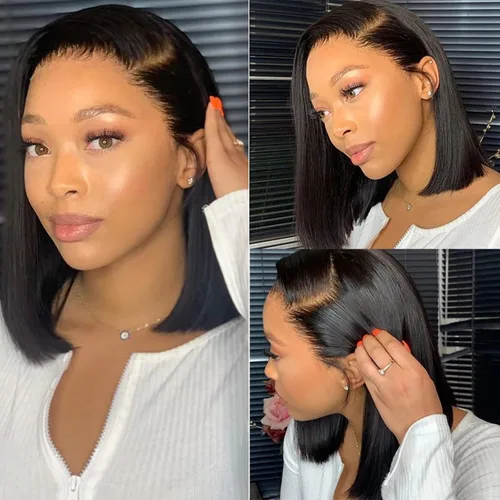 Vista 3 de TESHIA Peluca de cabello humano brasileño estilo Bob de 150% de densidad, 13 x 4 HD, lacio, encaje frontal, para mujeres negras, virgen frontal