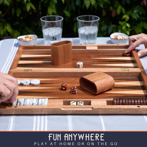 Vista 6 de Pointworks Juegos de backgammon de 17 pulgadas para adultos. Hermoso juego de mesa de backgammon con incrustaciones de madera con damas y dados