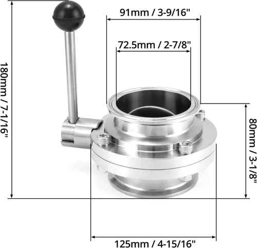 Vista 2 de QWORK Válvula de mariposa de acero inoxidable tubo de 3 pulgadas OD - Control de flujo preciso para elaboración de cerveza, transferencia
